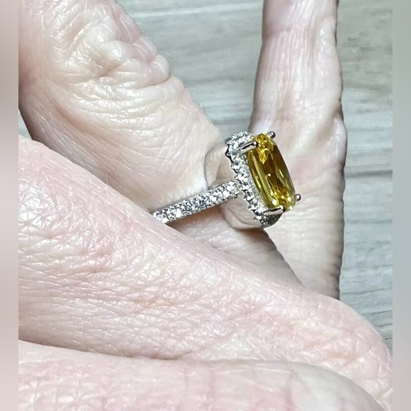 Sterling Silver Canary Yellow Citrine & Cubic Zirconia Halo Ring, Size 6 - Picture 8 of 9